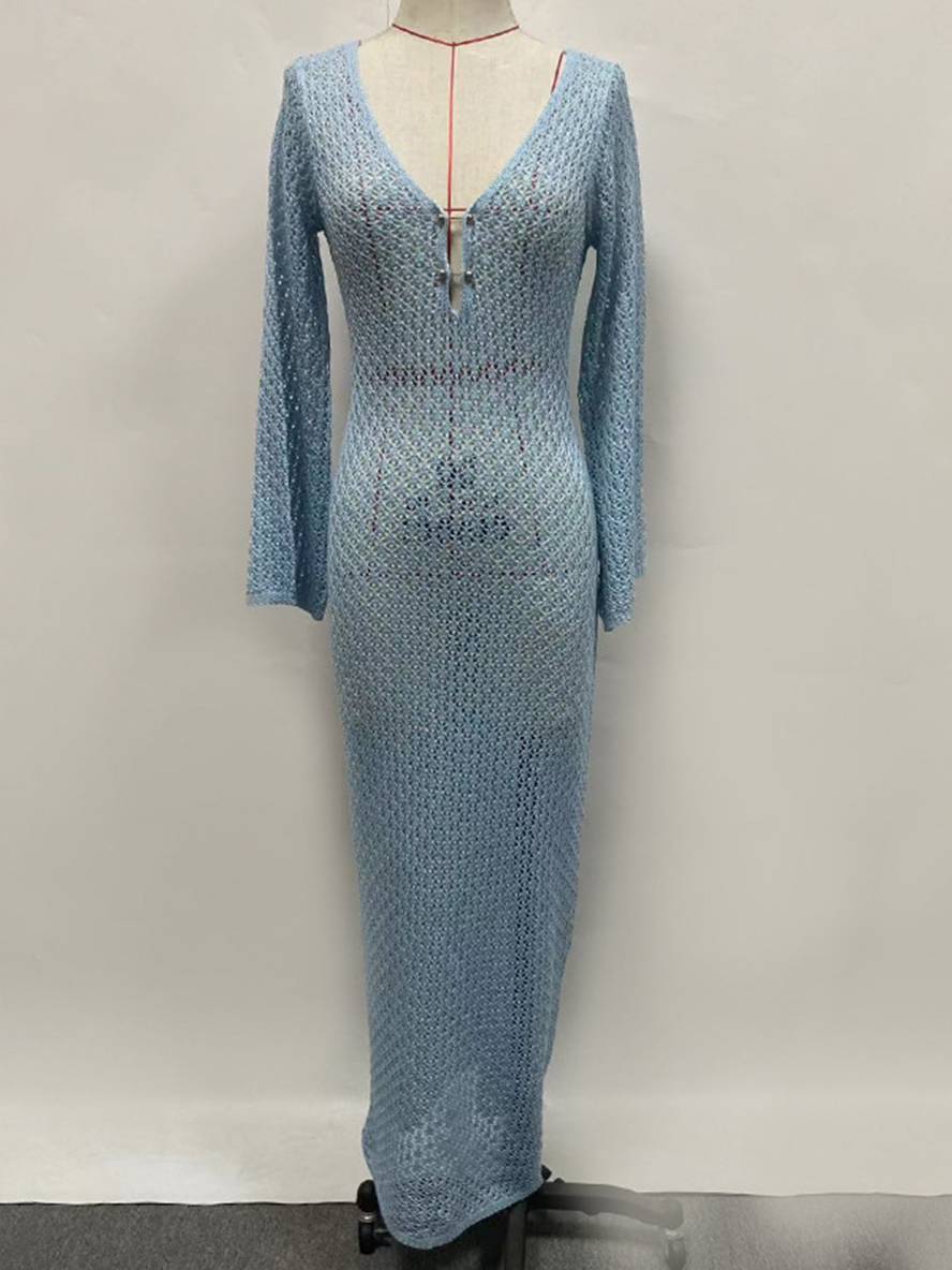 Levoire | Robe Au Crochet Longue Avec Décolleté En V Manches Repliées Manches Longues Femme Loisirs Pour Vacances Et Plage
