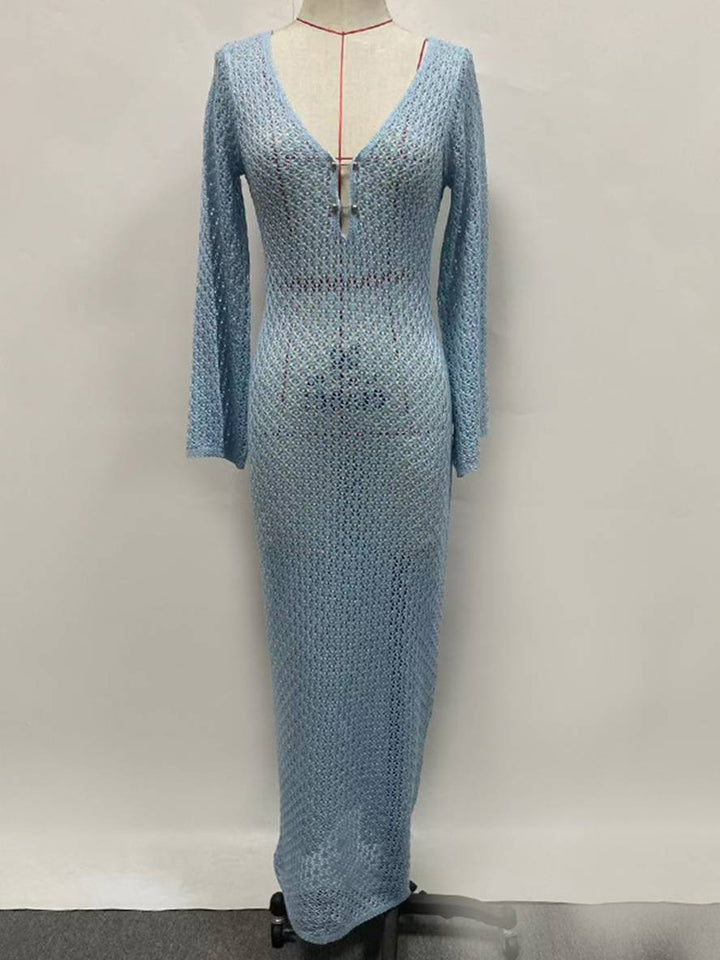 Levoire | Robe Au Crochet Longue Avec Décolleté En V Manches Repliées Manches Longues Femme Loisirs Pour Vacances Et Plage
