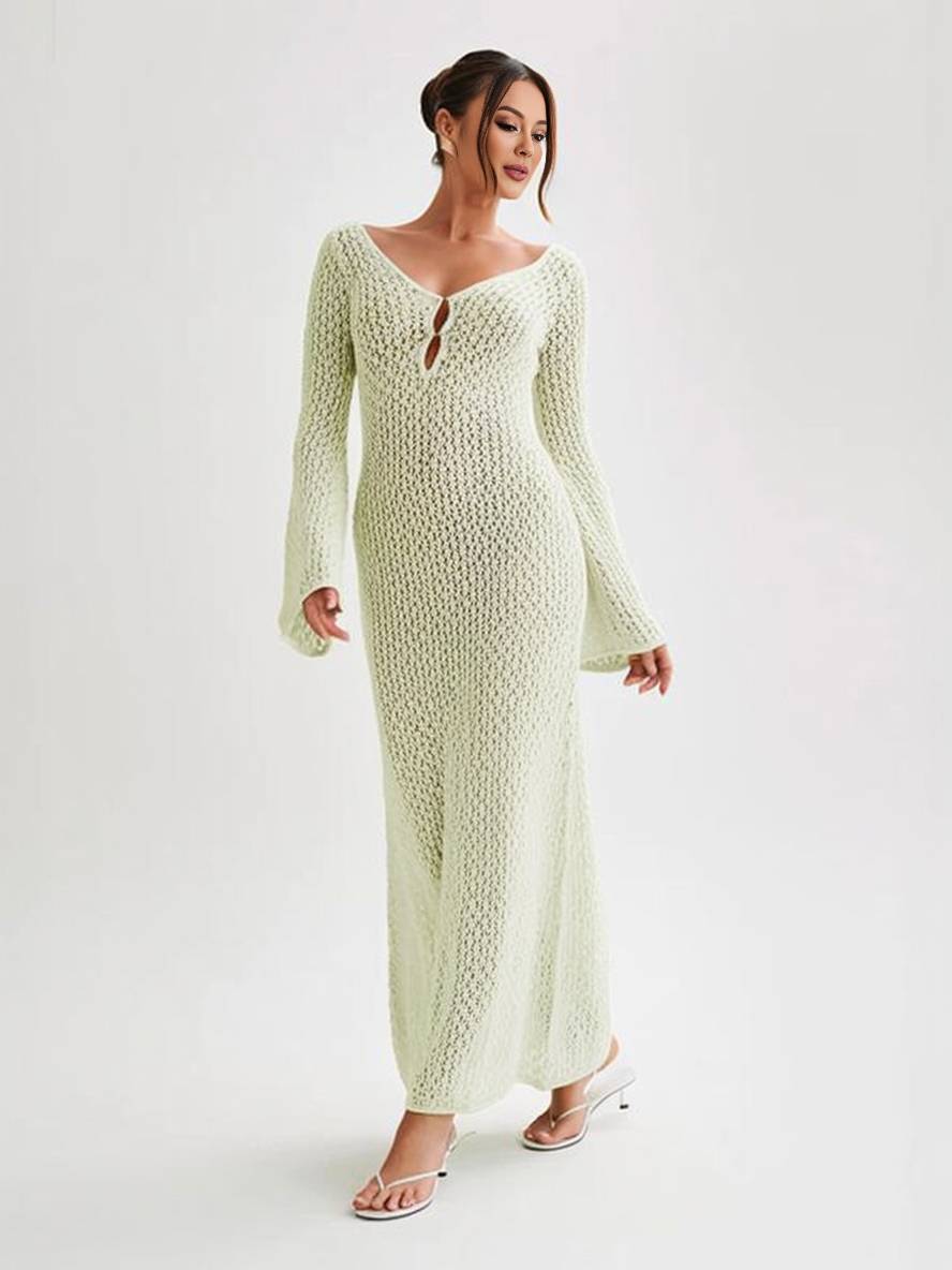 Levoire | Robe Au Crochet Longue Avec Décolleté En V Manches Repliées Manches Longues Femme Loisirs Pour Vacances Et Plage Vert pastel