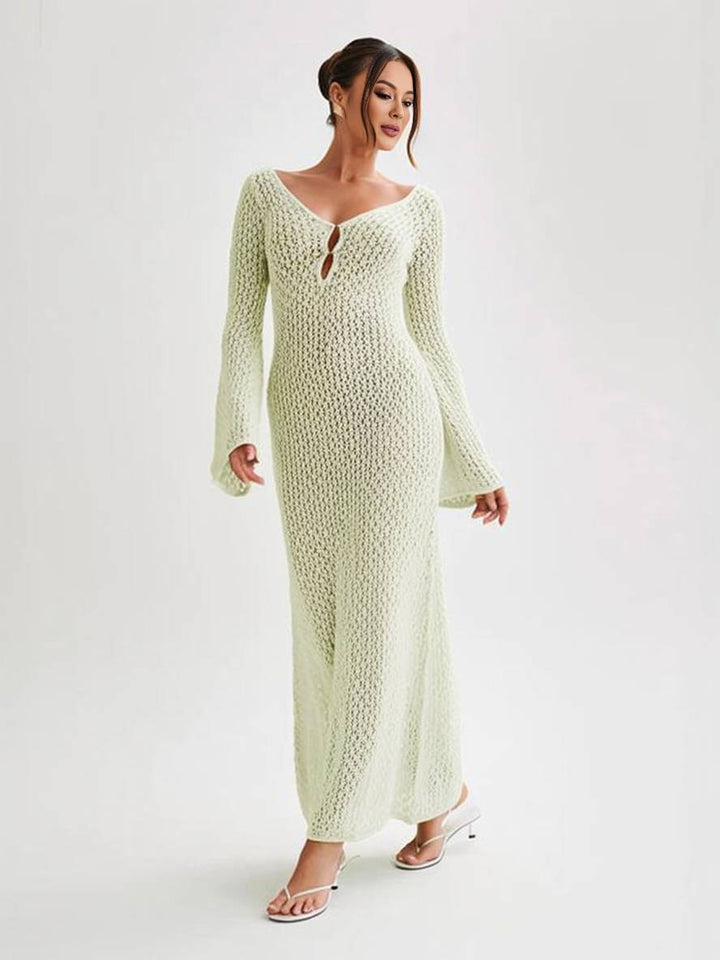 Levoire | Robe Au Crochet Longue Avec Décolleté En V Manches Repliées Manches Longues Femme Loisirs Pour Vacances Et Plage Vert pastel