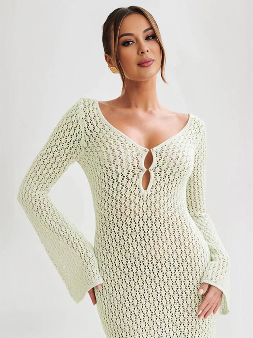 Levoire | Robe Au Crochet Longue Avec Décolleté En V Manches Repliées Manches Longues Femme Loisirs Pour Vacances Et Plage