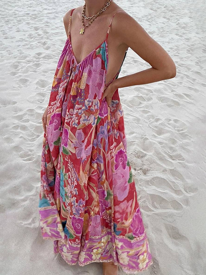 Levoire | Robe Longue À Motif Floral Avec Fines Bretelles Sans Manches Pour Femmes Élégante Décontractée Ample Hawaïenne Plage Rosa