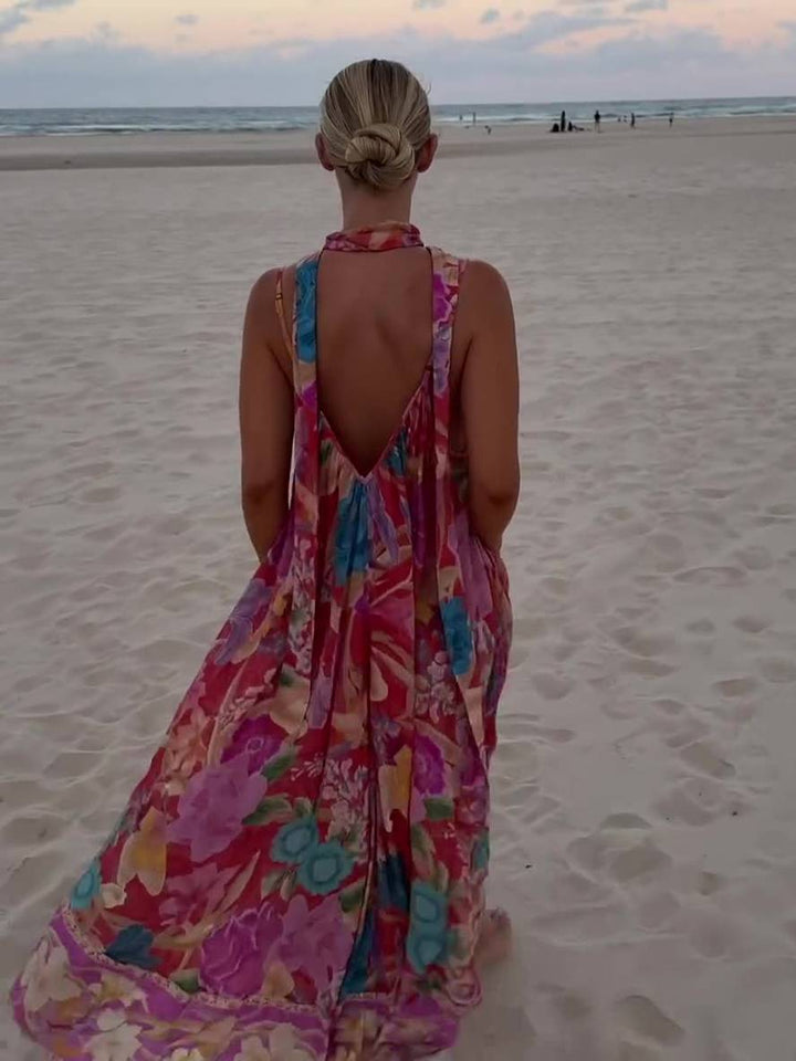 Levoire | Robe Longue À Motif Floral Avec Fines Bretelles Sans Manches Pour Femmes Élégante Décontractée Ample Hawaïenne Plage