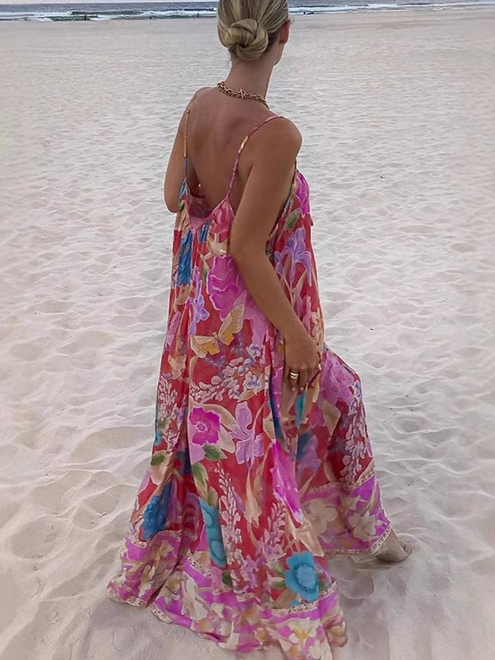 Levoire | Robe Longue À Motif Floral Avec Fines Bretelles Sans Manches Pour Femmes Élégante Décontractée Ample Hawaïenne Plage