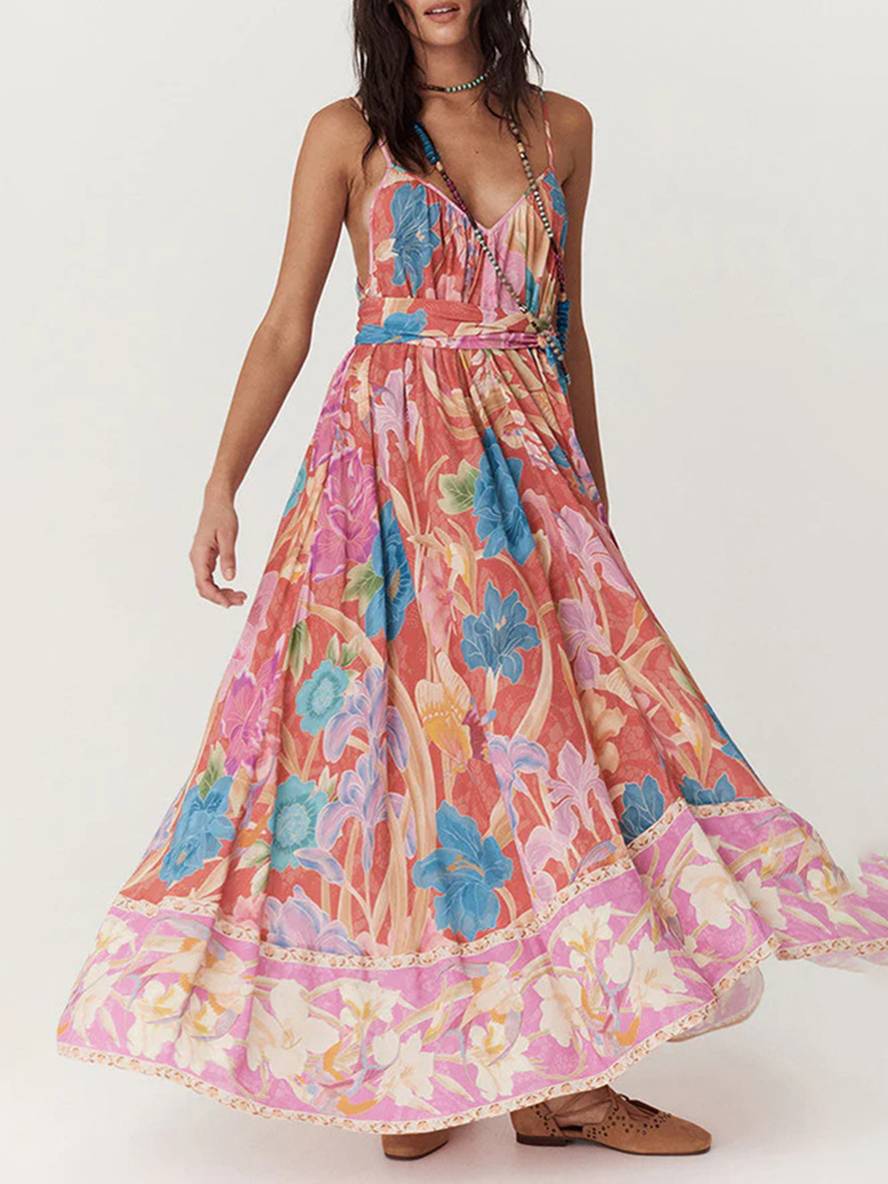 Levoire | Robe Longue À Motif Floral Avec Fines Bretelles Sans Manches Pour Femmes Élégante Décontractée Ample Hawaïenne Plage
