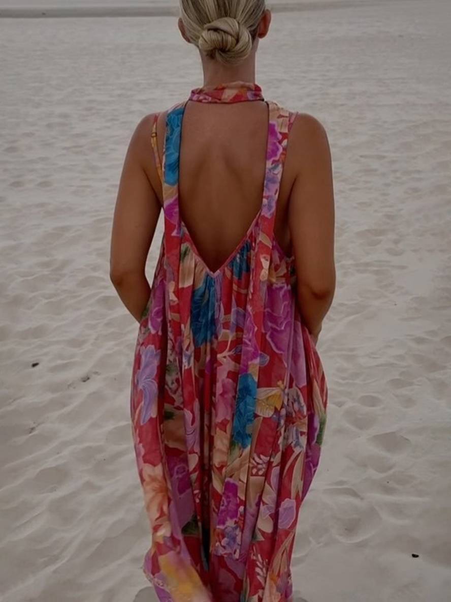 Levoire | Robe Longue À Motif Floral Avec Fines Bretelles Sans Manches Pour Femmes Élégante Décontractée Ample Hawaïenne Plage