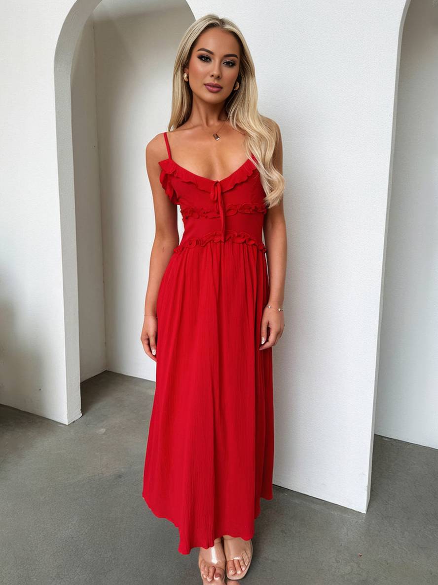 Levoire | Robe Longue À Décolleté En V Avec Volants Fluide Avec Fines Bretelles Sans Manches Femmes Élégant Pour La Plage Rot