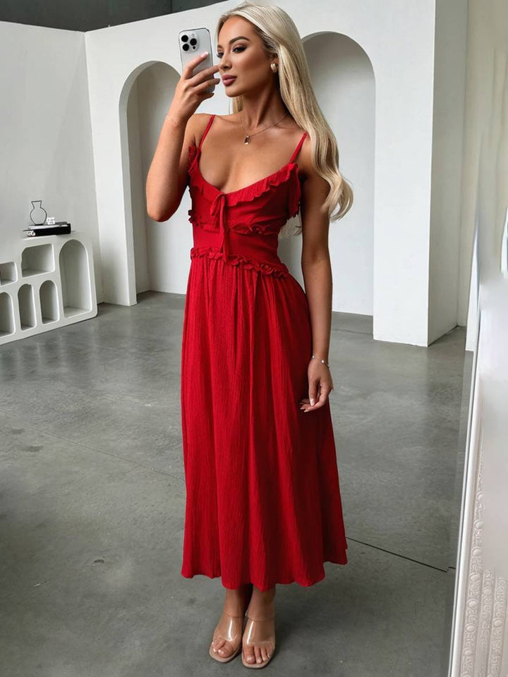 Levoire | Robe Longue À Décolleté En V Avec Volants Fluide Avec Fines Bretelles Sans Manches Femmes Élégant Pour La Plage