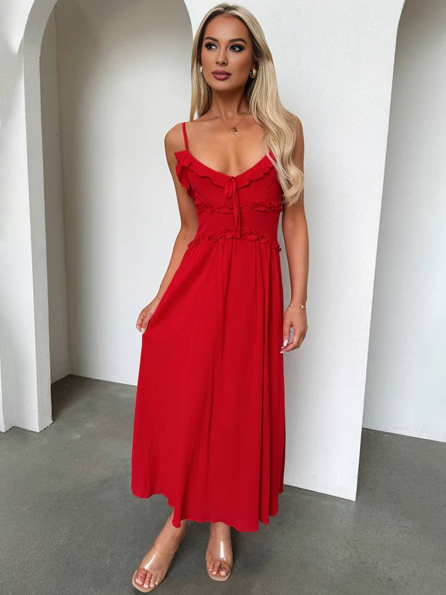 Levoire | Robe Longue À Décolleté En V Avec Volants Fluide Avec Fines Bretelles Sans Manches Femmes Élégant Pour La Plage