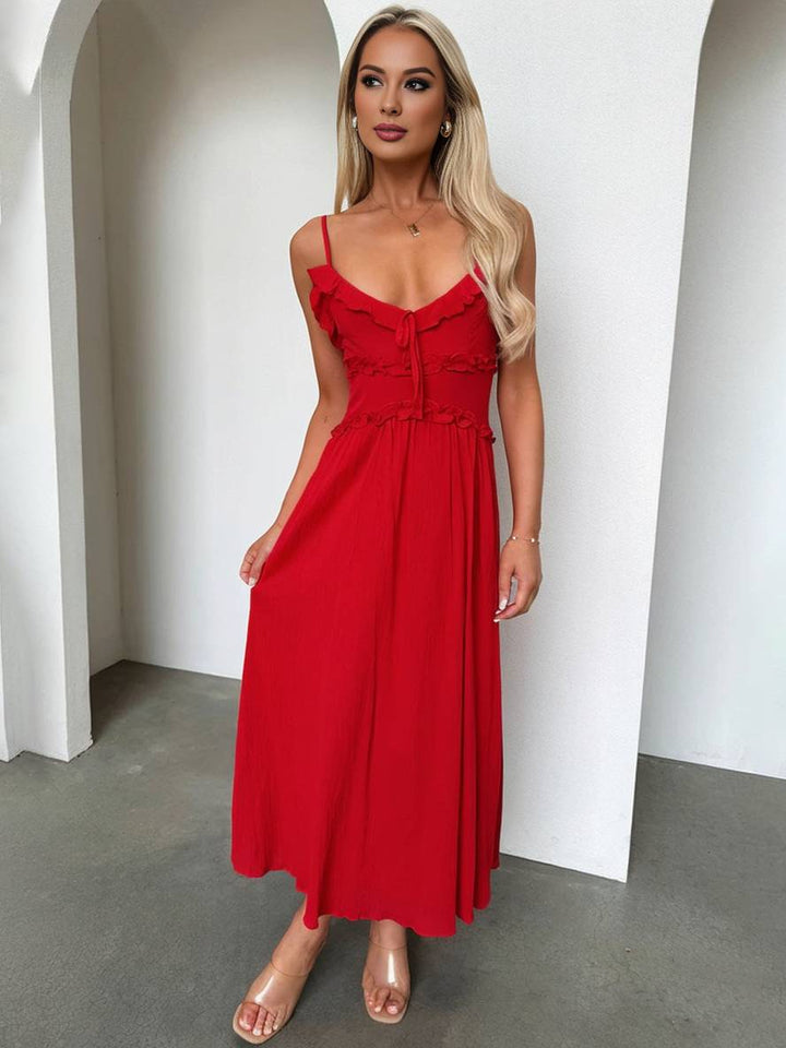 Levoire | Robe Longue À Décolleté En V Avec Volants Fluide Avec Fines Bretelles Sans Manches Femmes Élégant Pour La Plage