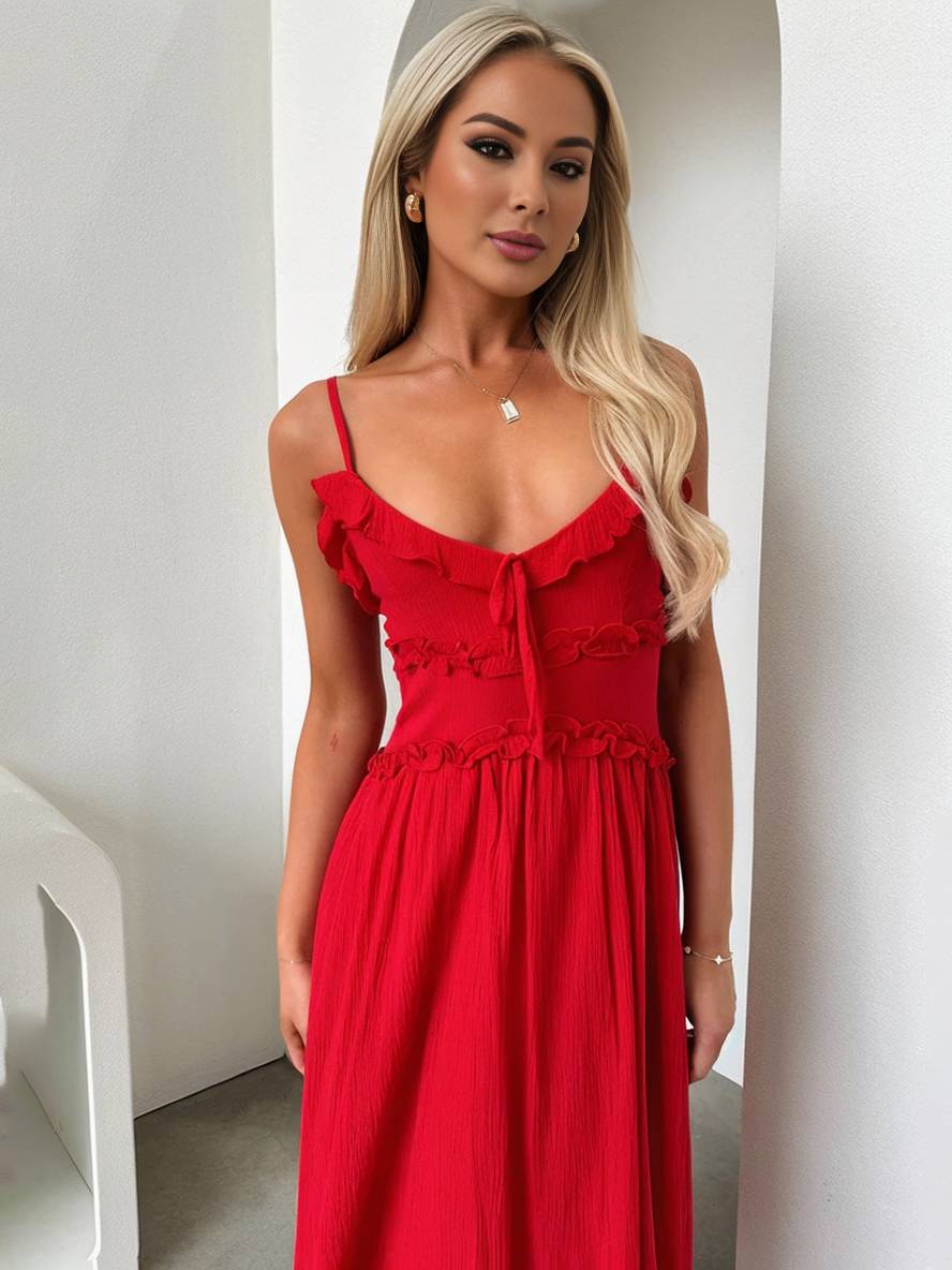 Levoire | Robe Longue À Décolleté En V Avec Volants Fluide Avec Fines Bretelles Sans Manches Femmes Élégant Pour La Plage