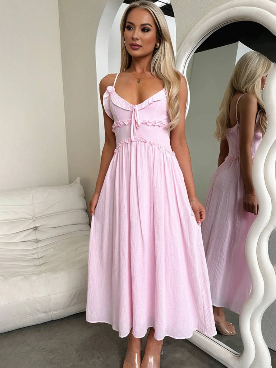 Levoire | Robe Longue À Décolleté En V Avec Volants Fluide Avec Fines Bretelles Sans Manches Femmes Élégant Pour La Plage Rosa