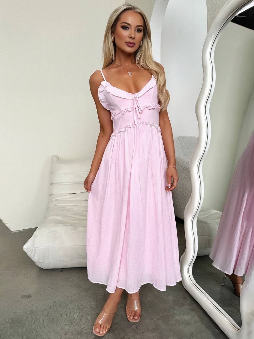 Levoire | Robe Longue À Décolleté En V Avec Volants Fluide Avec Fines Bretelles Sans Manches Femmes Élégant Pour La Plage