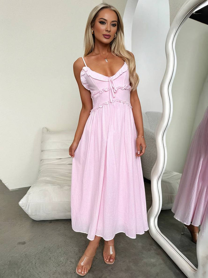 Levoire | Robe Longue À Décolleté En V Avec Volants Fluide Avec Fines Bretelles Sans Manches Femmes Élégant Pour La Plage