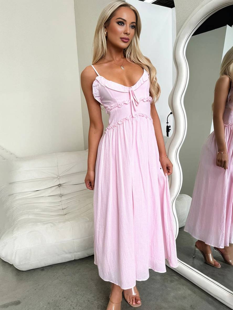 Levoire | Robe Longue À Décolleté En V Avec Volants Fluide Avec Fines Bretelles Sans Manches Femmes Élégant Pour La Plage