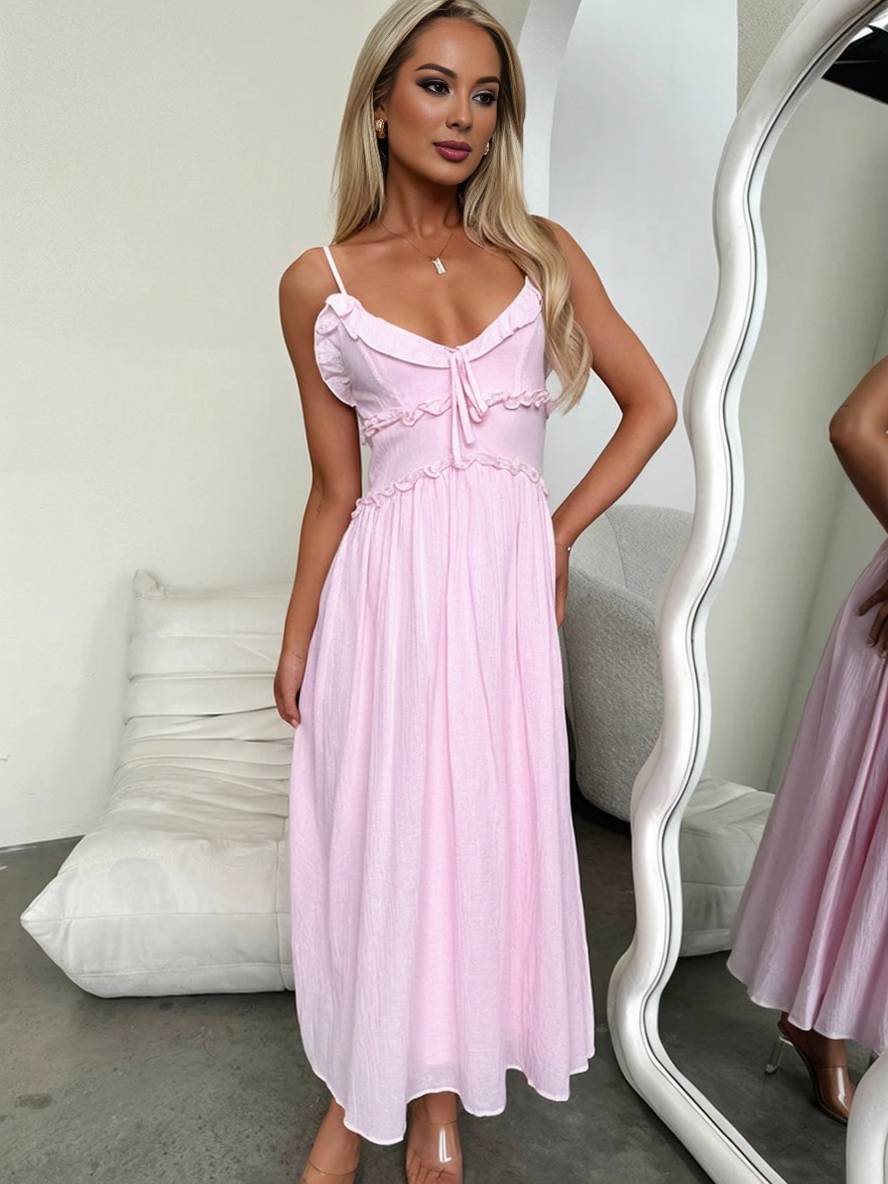 Levoire | Robe Longue À Décolleté En V Avec Volants Fluide Avec Fines Bretelles Sans Manches Femmes Élégant Pour La Plage