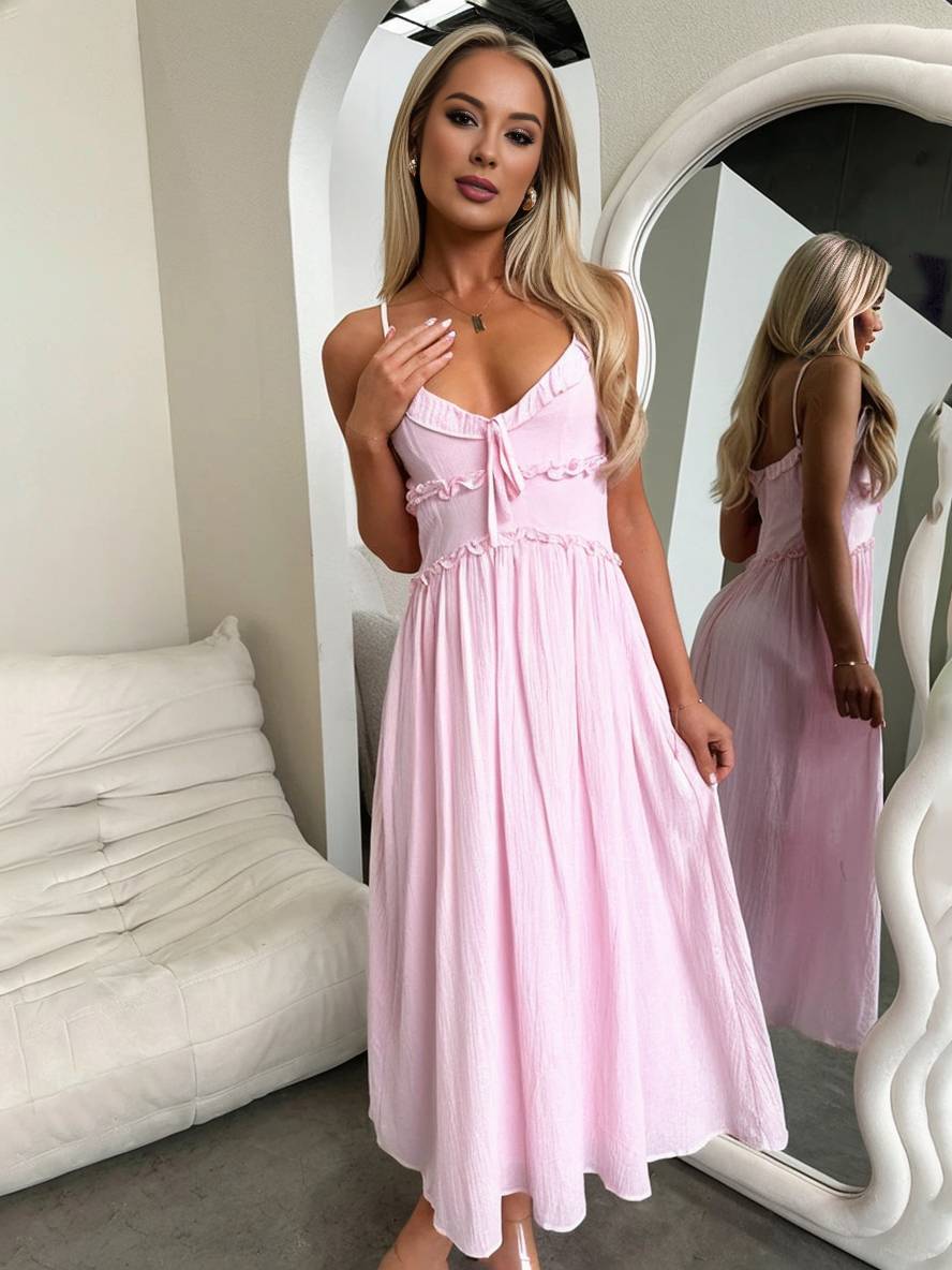 Levoire | Robe Longue À Décolleté En V Avec Volants Fluide Avec Fines Bretelles Sans Manches Femmes Élégant Pour La Plage