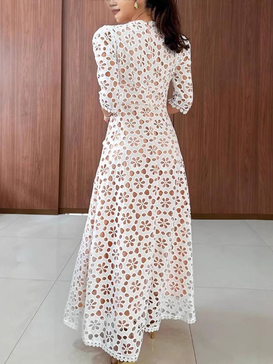 Levoire | Robe Trapèze Longue Broderie En Dentelle Décolleté En V À Manches 3/4 Pour Femmes Délicate Élégante Vintage Soirée Bal Prom