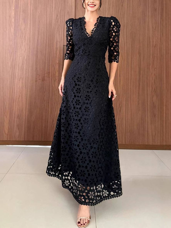 Levoire | Robe Trapèze Longue Broderie En Dentelle Décolleté En V À Manches 3/4 Pour Femmes Délicate Élégante Vintage Soirée Bal Prom Noir