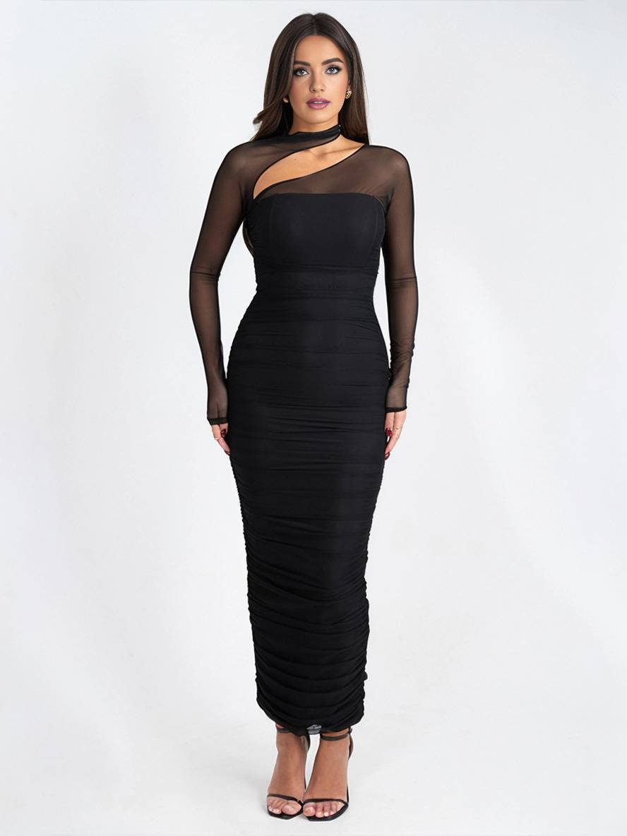 Levoire | Robe Longue Coupe Ajustée Tulle Bustier Dos Nu Col Rond Manches Longues Femme Décontractée Soirée Bal Prom