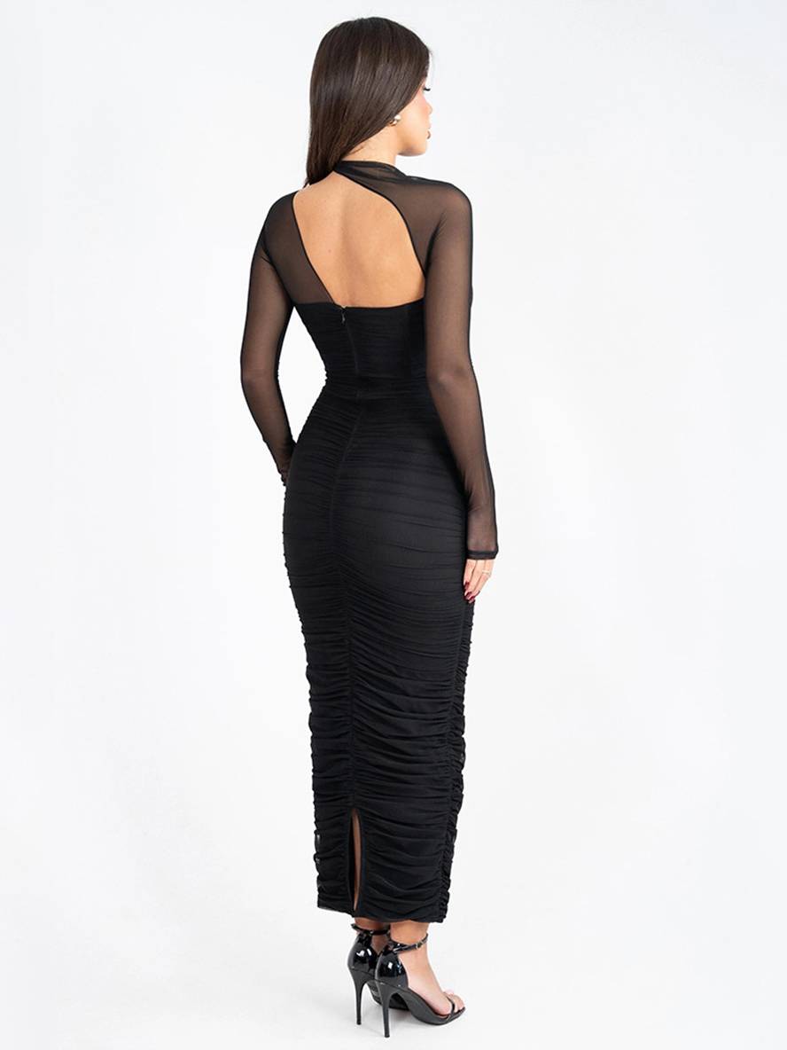 Levoire | Robe Longue Coupe Ajustée Tulle Bustier Dos Nu Col Rond Manches Longues Femme Décontractée Soirée Bal Prom