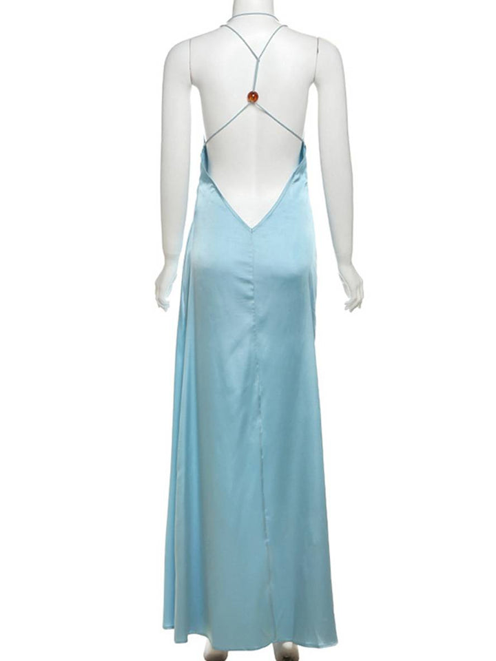 Levoire | Robe Longue En Satin Dos Découpé Croisé Décolleté En V Sans Manches Robe De Soirée Élégante Pour Mariage