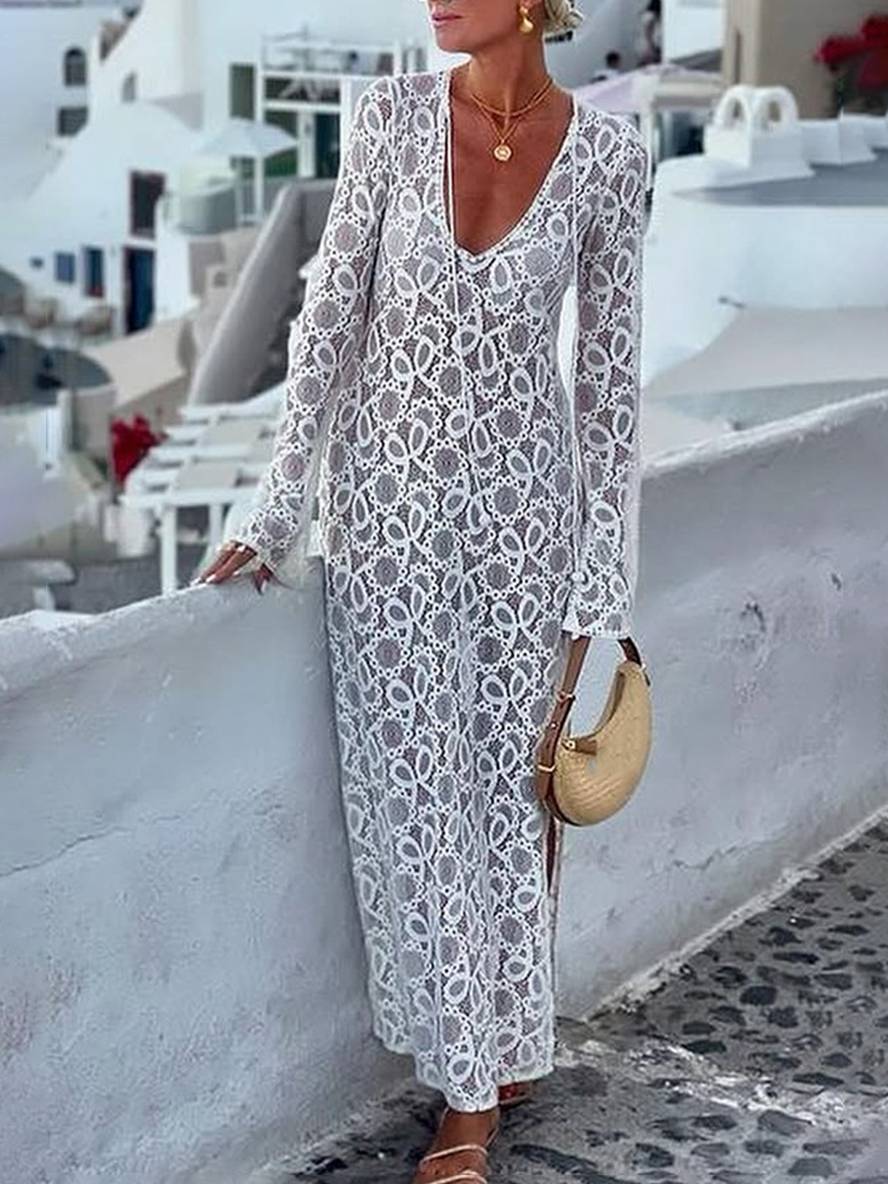 Levoire | Robe Longue En Dentelle Avec Fente Latérale Brodée En V Manches Évasées Manches Longues Transparente Dames Plage Loisirs Blanc