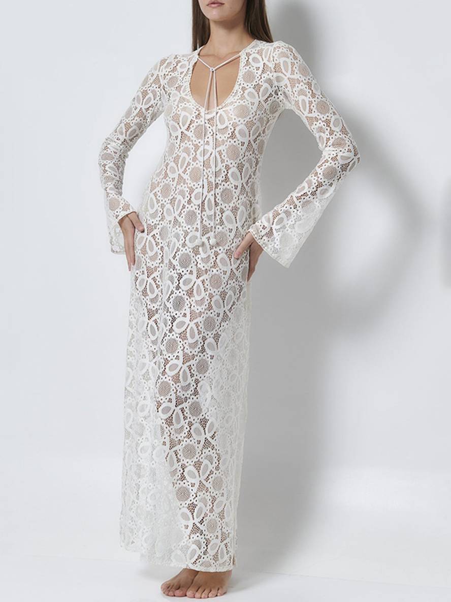 Levoire | Robe Longue En Dentelle Avec Fente Latérale Brodée En V Manches Évasées Manches Longues Transparente Dames Plage Loisirs