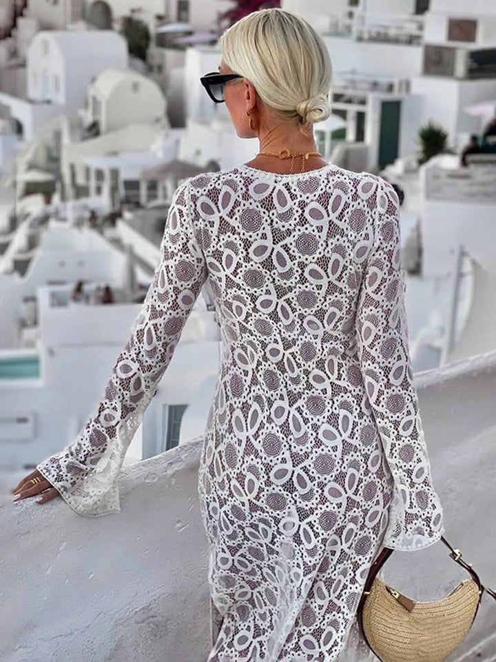 Levoire | Robe Longue En Dentelle Avec Fente Latérale Brodée En V Manches Évasées Manches Longues Transparente Dames Plage Loisirs