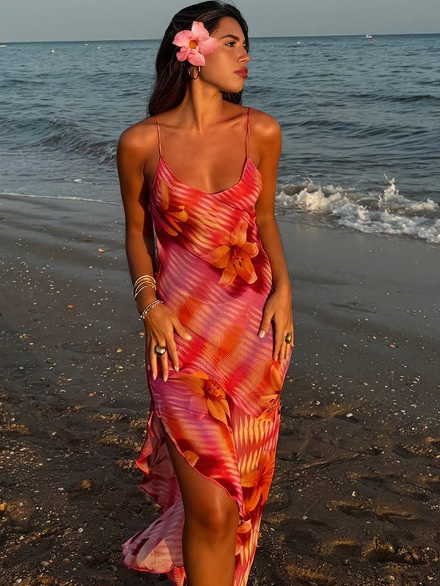 Levoire | Robe Longue À Motifs Floraux Irréguliers Avec Fente, Dos Nu, Avec Bretelles Fines, Sans Manches, Dames Loisirs Plage Nacarat