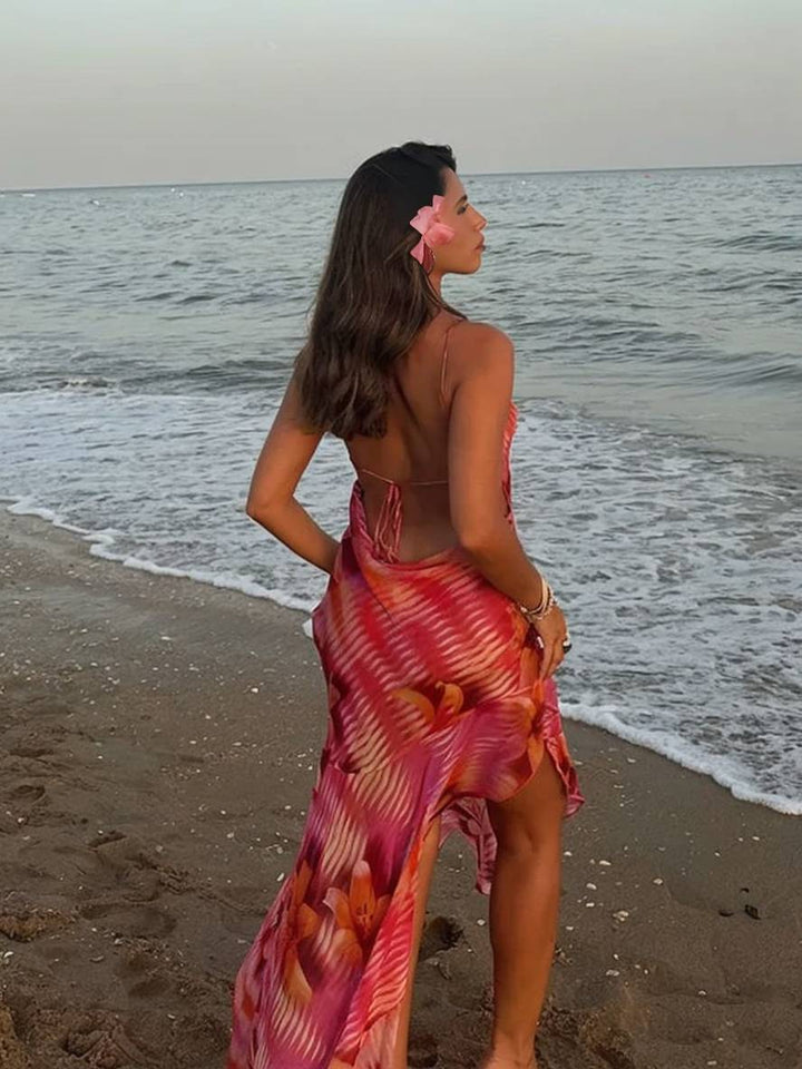 Levoire | Robe Longue À Motifs Floraux Irréguliers Avec Fente, Dos Nu, Avec Bretelles Fines, Sans Manches, Dames Loisirs Plage