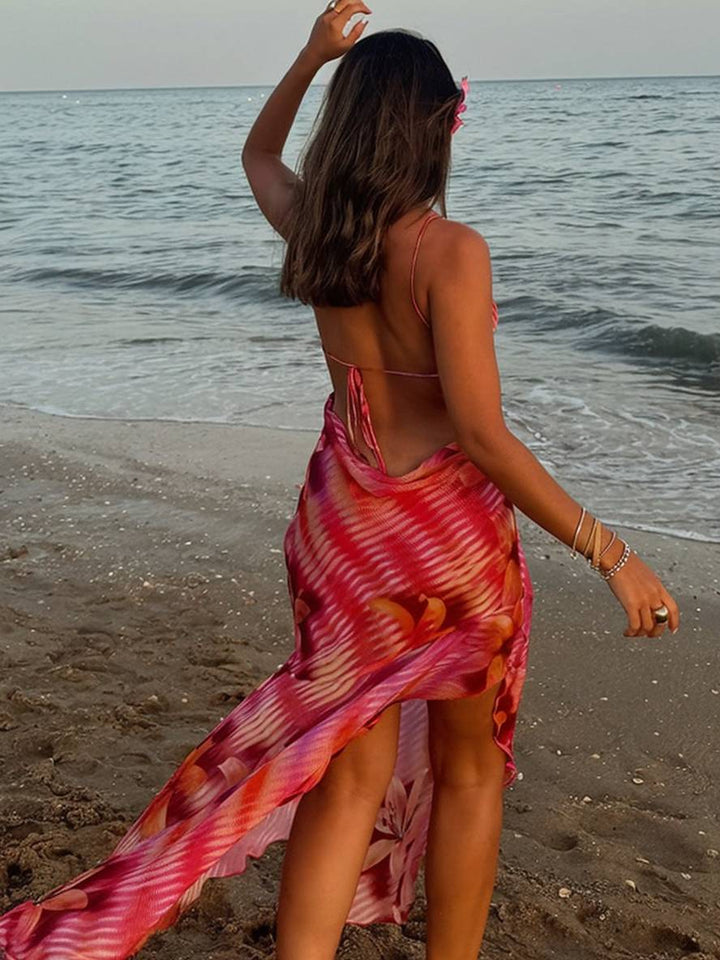 Levoire | Robe Longue À Motifs Floraux Irréguliers Avec Fente, Dos Nu, Avec Bretelles Fines, Sans Manches, Dames Loisirs Plage