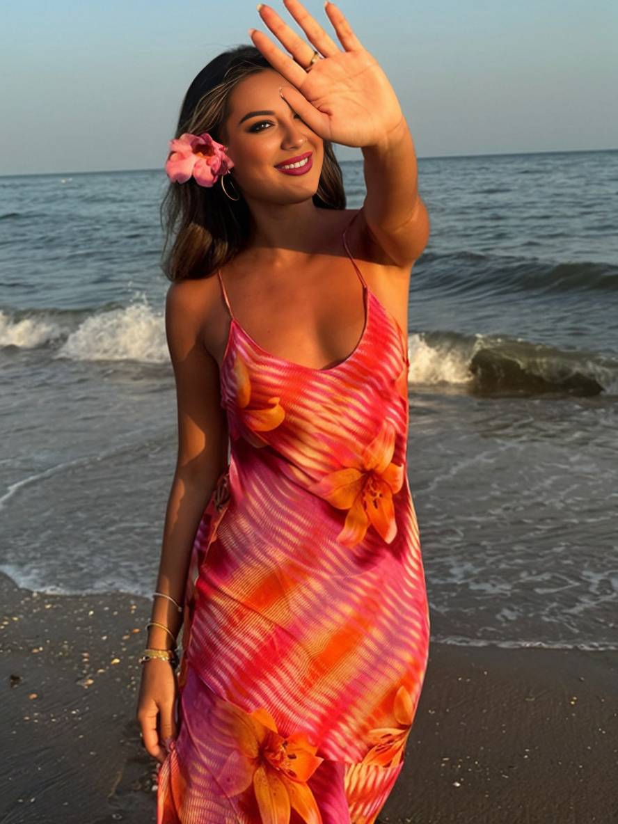 Levoire | Robe Longue À Motifs Floraux Irréguliers Avec Fente, Dos Nu, Avec Bretelles Fines, Sans Manches, Dames Loisirs Plage