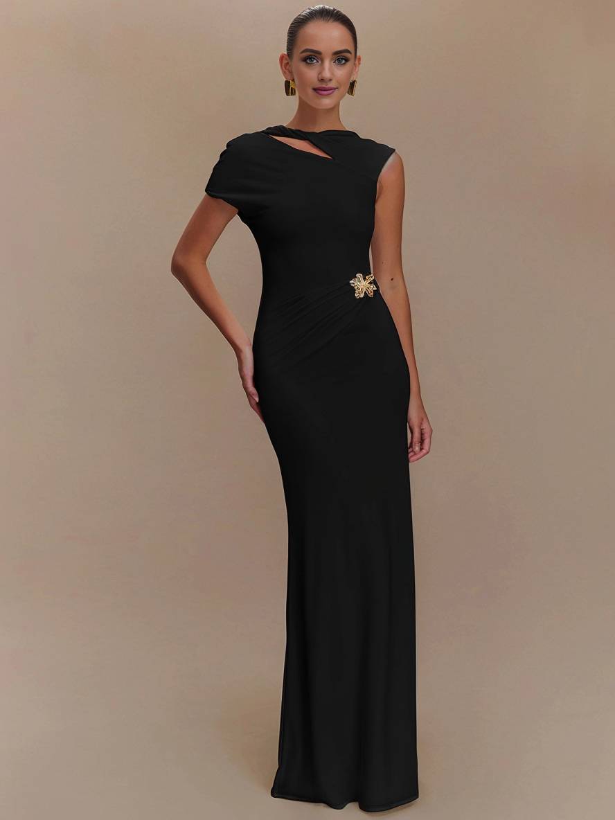 Levoire | Robe Longue Avec Découpes Ajustée À La Taille Nœud Dos Nu Manches Courtes Élégante Décontractée Robe De Soirée Pour Fête Noir