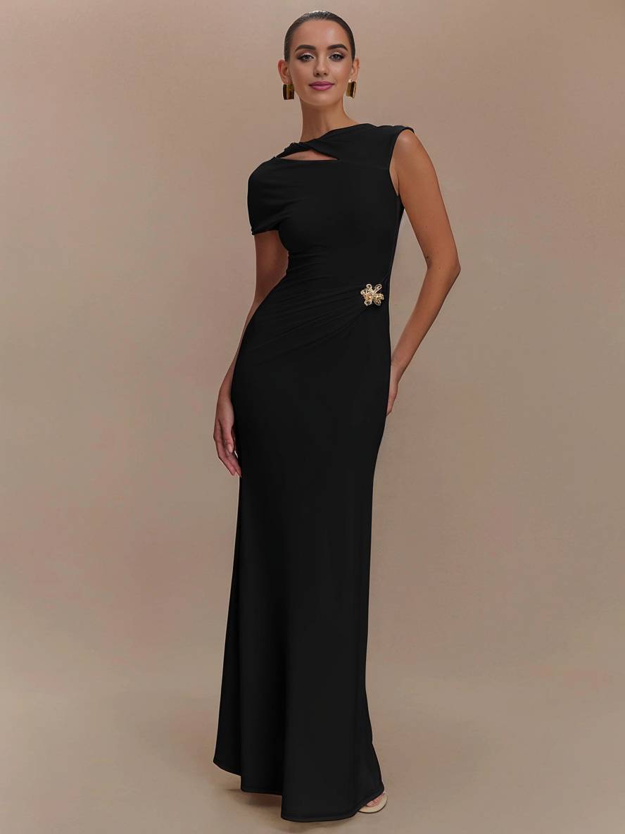 Levoire | Robe Longue Avec Découpes Ajustée À La Taille Nœud Dos Nu Manches Courtes Élégante Décontractée Robe De Soirée Pour Fête