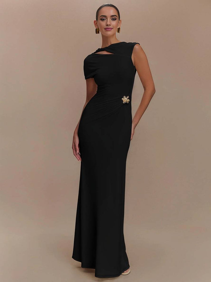 Levoire | Robe Longue Avec Découpes Ajustée À La Taille Nœud Dos Nu Manches Courtes Élégante Décontractée Robe De Soirée Pour Fête