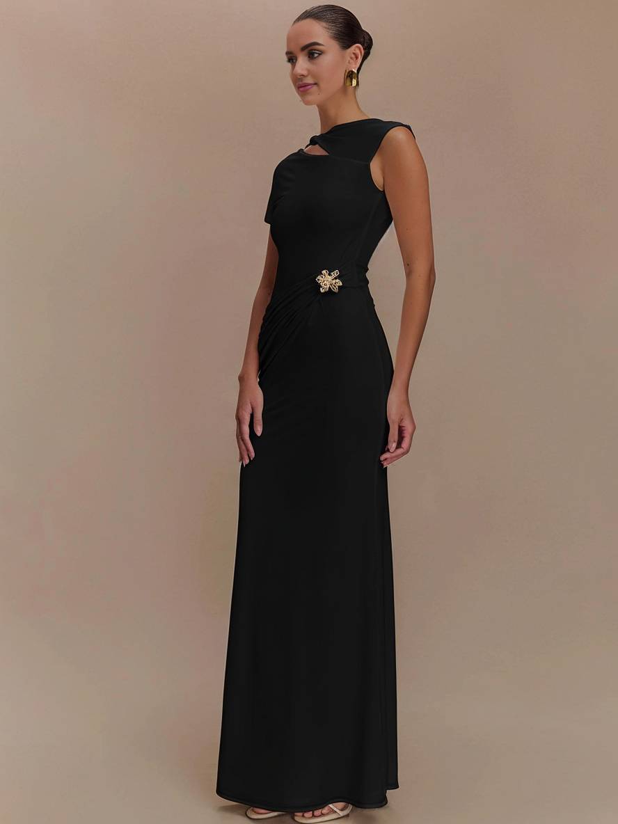 Levoire | Robe Longue Avec Découpes Ajustée À La Taille Nœud Dos Nu Manches Courtes Élégante Décontractée Robe De Soirée Pour Fête