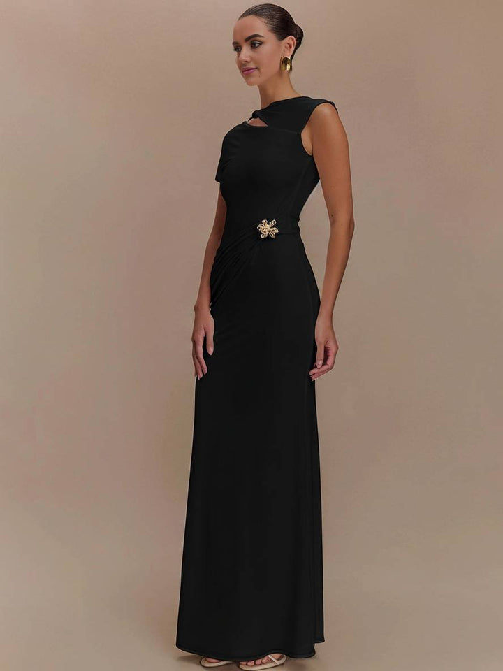 Levoire | Robe Longue Avec Découpes Ajustée À La Taille Nœud Dos Nu Manches Courtes Élégante Décontractée Robe De Soirée Pour Fête