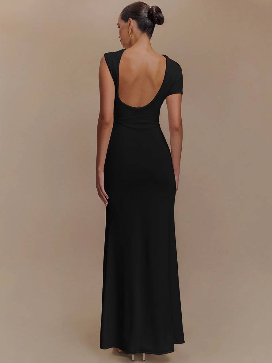 Levoire | Robe Longue Avec Découpes Ajustée À La Taille Nœud Dos Nu Manches Courtes Élégante Décontractée Robe De Soirée Pour Fête