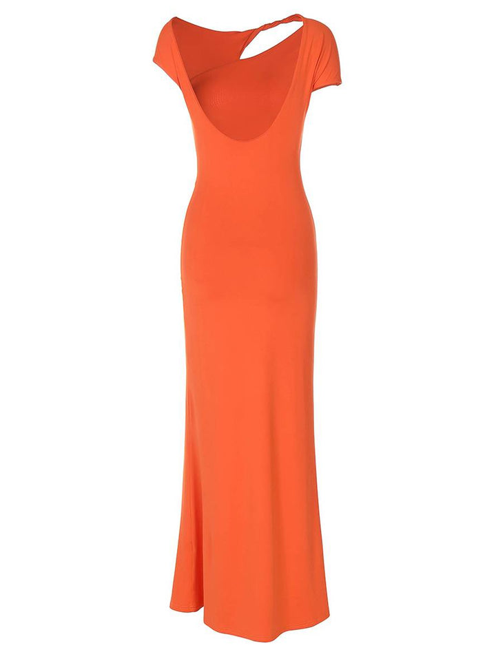 Levoire | Robe Longue Avec Découpes Ajustée À La Taille Nœud Dos Nu Manches Courtes Élégante Décontractée Robe De Soirée Pour Fête