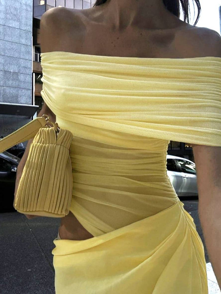 Levoire | Robe Longue Décolleté Bottes En Tulle Découpes Serre Moulante Irrégulière Avec Volants En Mesh Robe Longue De Vacances Pour Femmes