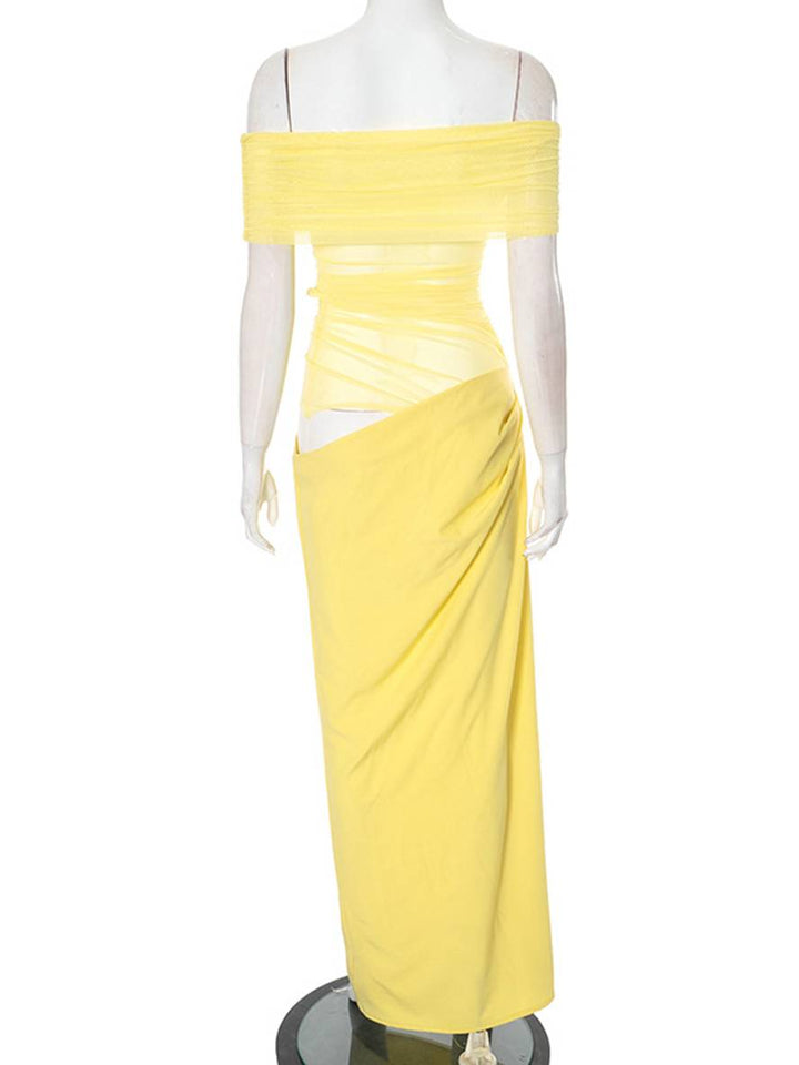 Levoire | Robe Longue Décolleté Bottes En Tulle Découpes Serre Moulante Irrégulière Avec Volants En Mesh Robe Longue De Vacances Pour Femmes