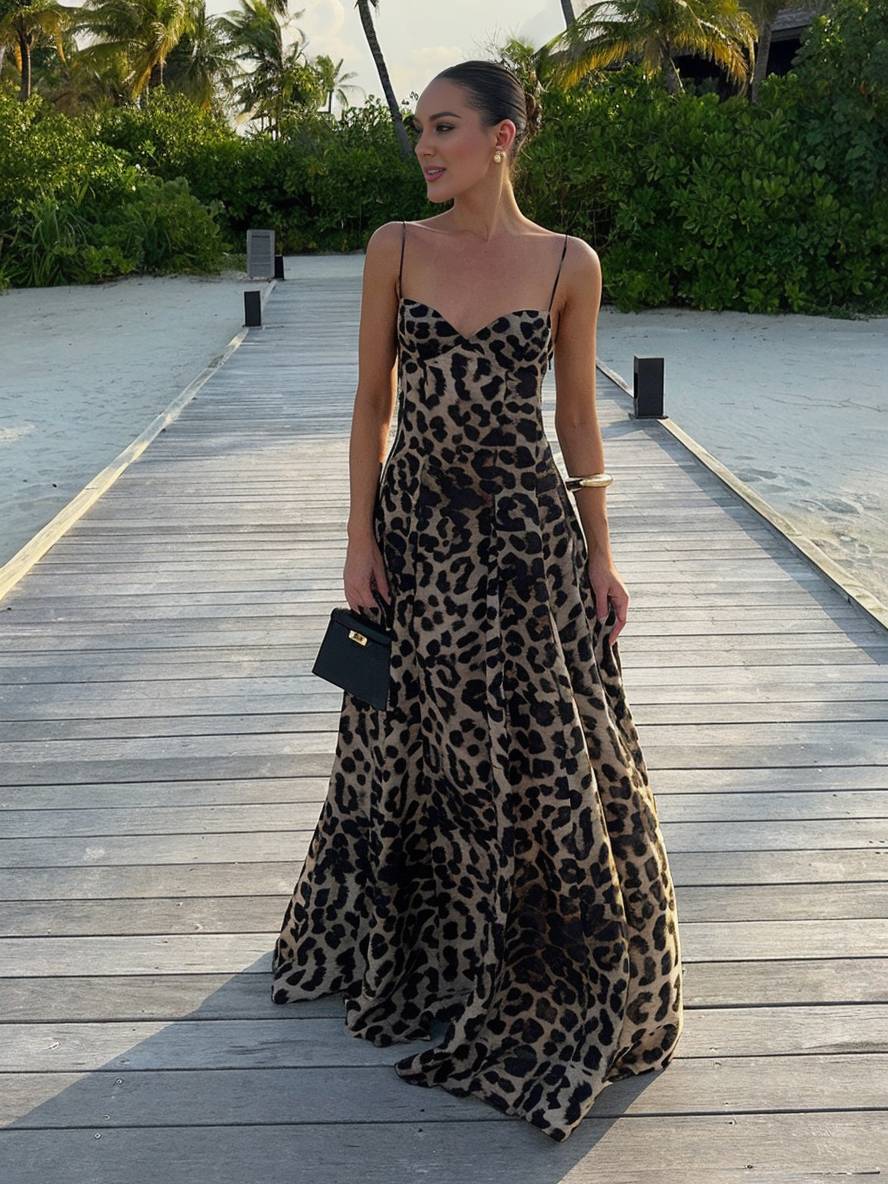 Levoire | Robe Longue À Imprimé Léopard Avec Décolleté En V Et Dos Nu Avec Fines Bretelles Sans Manches Décontractée Ample Robe De Plage Pour Les Vacances D'Été Braun