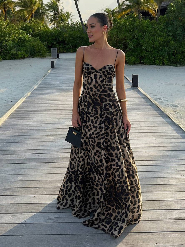 Levoire | Robe Longue À Imprimé Léopard Avec Décolleté En V Et Dos Nu Avec Fines Bretelles Sans Manches Décontractée Ample Robe De Plage Pour Les Vacances D'Été Braun