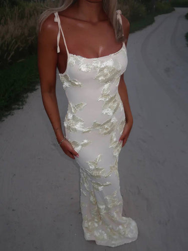 Levoire | Robe Longue En Béton Figuratif Brodée De Fleurs, À Dos Nu Avec Fines Bretelles Sans Manches Pour Femmes Élégante Décontractée Soirée Plage