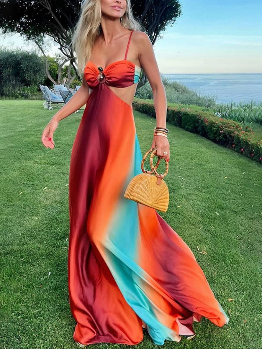 Levoire | Robe Longue Avec Décolleté En Trapèze Dégradé Bustier À Fines Bretelles Dos Nu Sans Manches Pour Femmes Décontractée Plage Multicolore