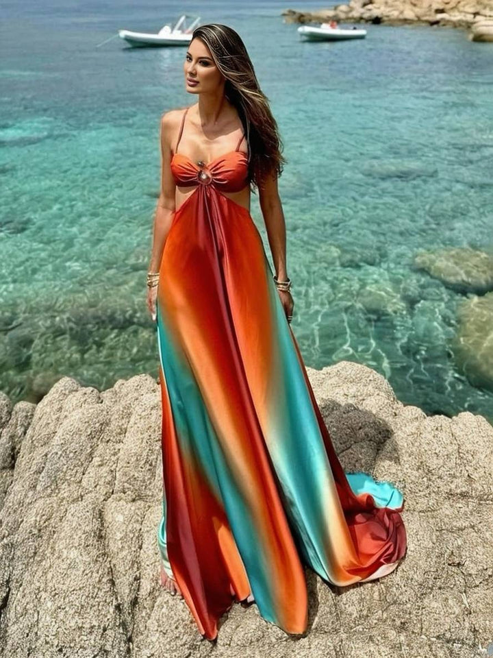 Levoire | Robe Longue Avec Décolleté En Trapèze Dégradé Bustier À Fines Bretelles Dos Nu Sans Manches Pour Femmes Décontractée Plage