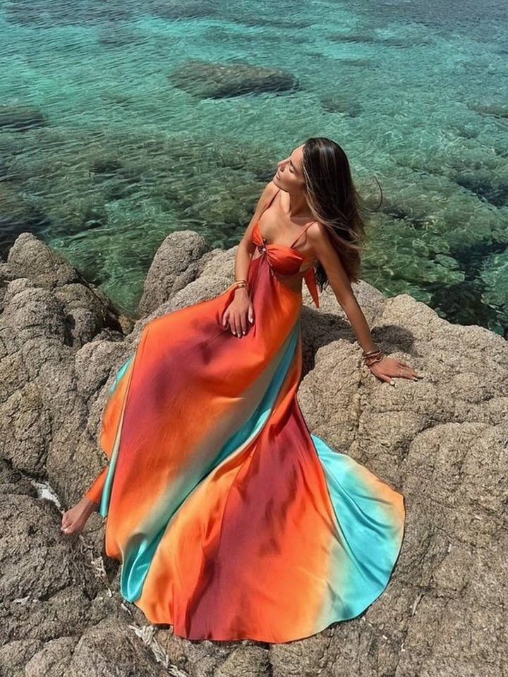 Levoire | Robe Longue Avec Décolleté En Trapèze Dégradé Bustier À Fines Bretelles Dos Nu Sans Manches Pour Femmes Décontractée Plage