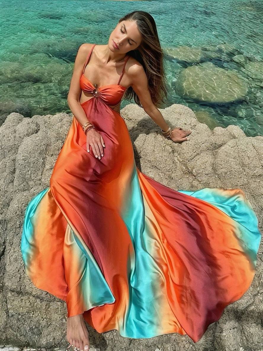 Levoire | Robe Longue Avec Décolleté En Trapèze Dégradé Bustier À Fines Bretelles Dos Nu Sans Manches Pour Femmes Décontractée Plage
