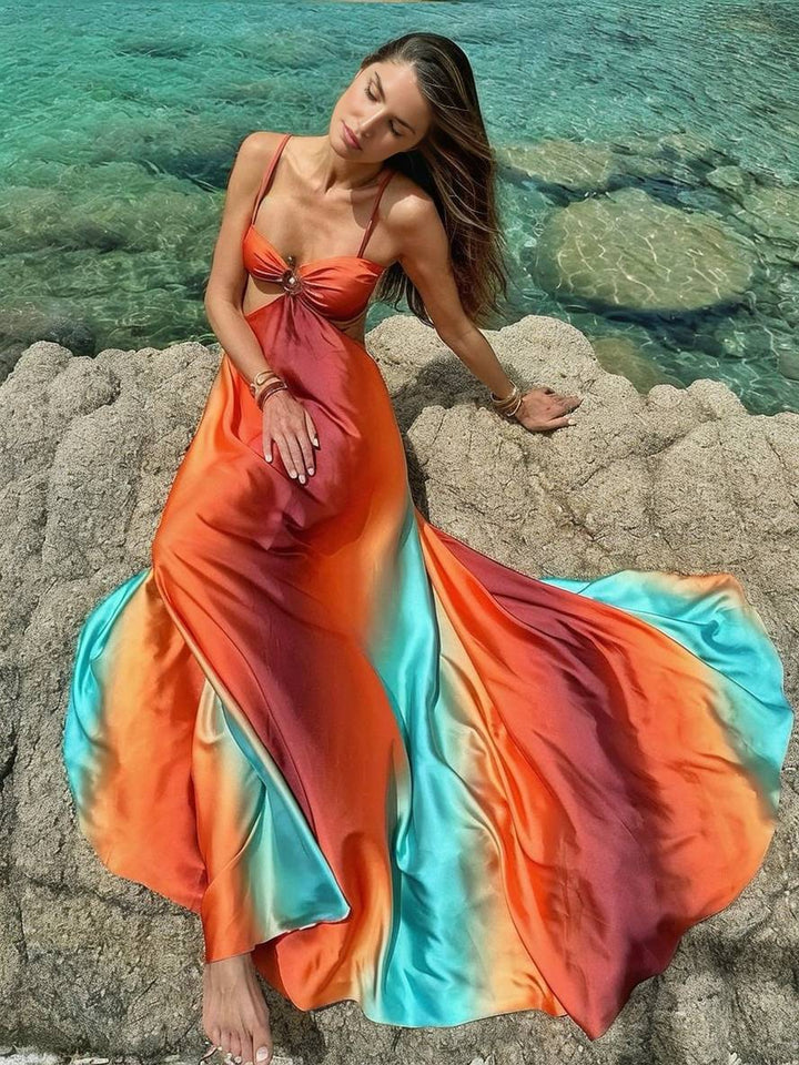 Levoire | Robe Longue Avec Décolleté En Trapèze Dégradé Bustier À Fines Bretelles Dos Nu Sans Manches Pour Femmes Décontractée Plage